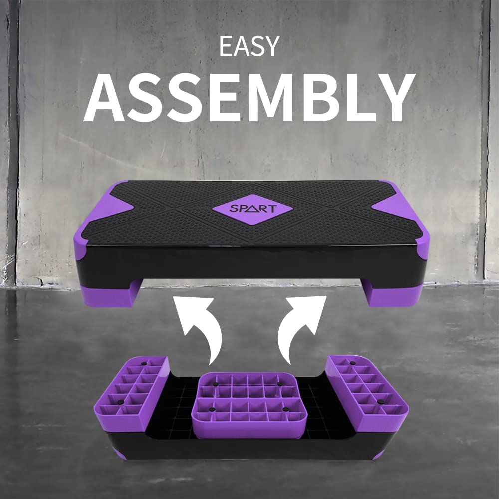 SPART Adjustable Workout Aerobic Stepper, Aerobic Exercise Step Platform with 4 Risers, 3 Levels Adjust 4" - 6" - 8", 26.77" Trainer Stepper with Non-Slip Surface for Home Gym, Black-Purple