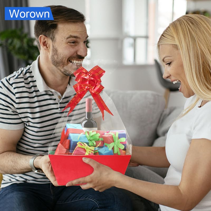 Worown 6 Pack Red Cardboard Basket for Gifts Empty, 8 x 10 Inch Kraft Basket Kit with Bags and Pull Bows for Packing Gift on Easter, Christmas, Birthday, Wedding