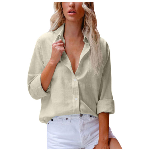 Prime Tops Day Deals Today, Long Sleeve Shirts for Women Fall Cotton Linen Tops Blouses Casual Button Down T Shirts Lightweight Cardigans with Pocket Fashion 2024 Cute Summer Tops