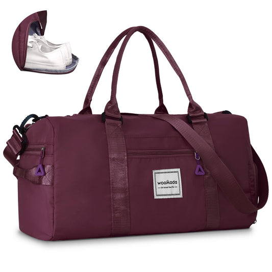 WOOMADA Women's Gym Duffel Bag, Travel Overnight Tote with Shoe Compartment, Large Wet Pocket & Trolley Sleeve, Ideal for Travel, Workout, Sport(Purple)