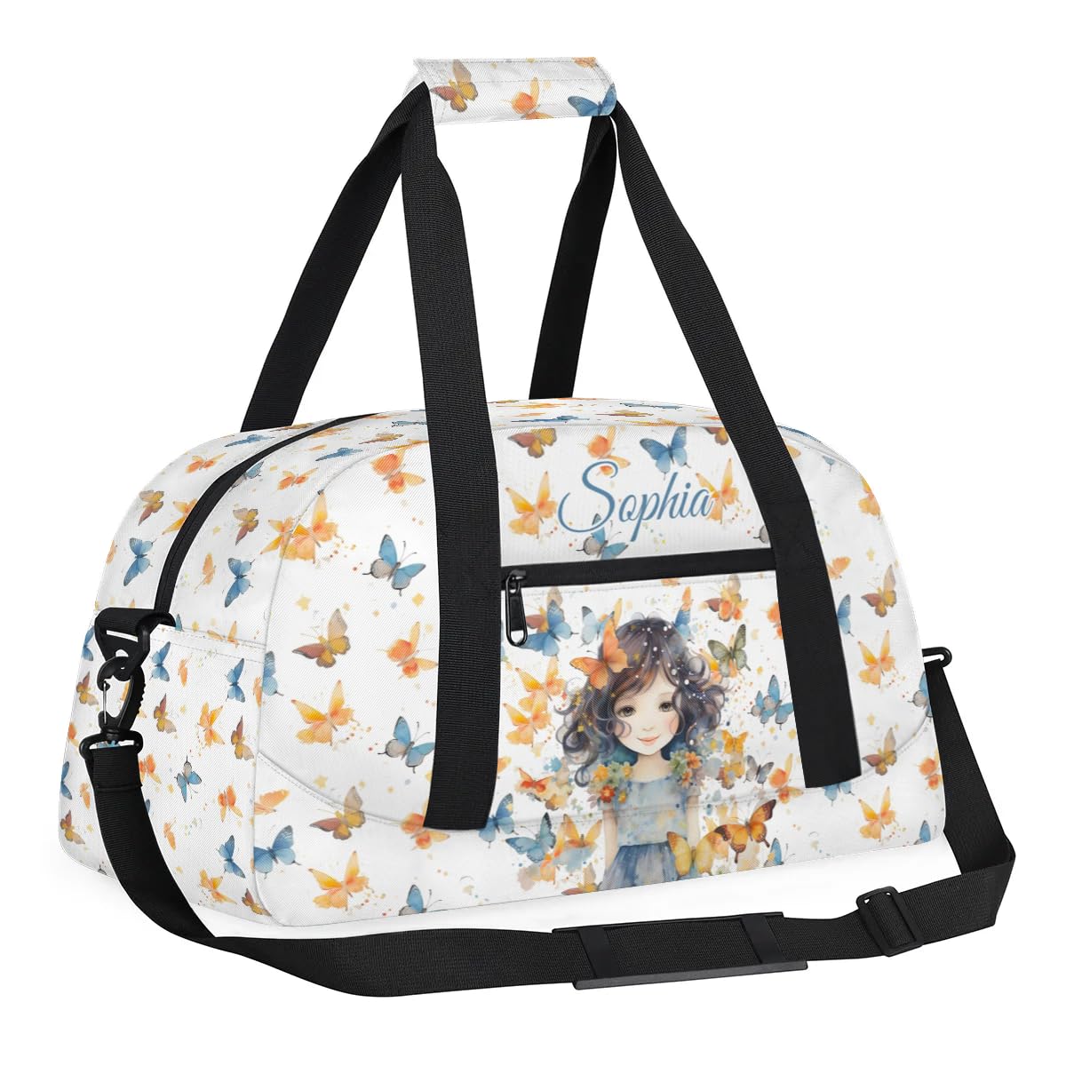 Personalized Gym Bag for Kids Girls, Butterfly Girl Custom Small Duffel Bag with Padded Handles Carry On Weekend Travel Bag for School Practice Ball Games