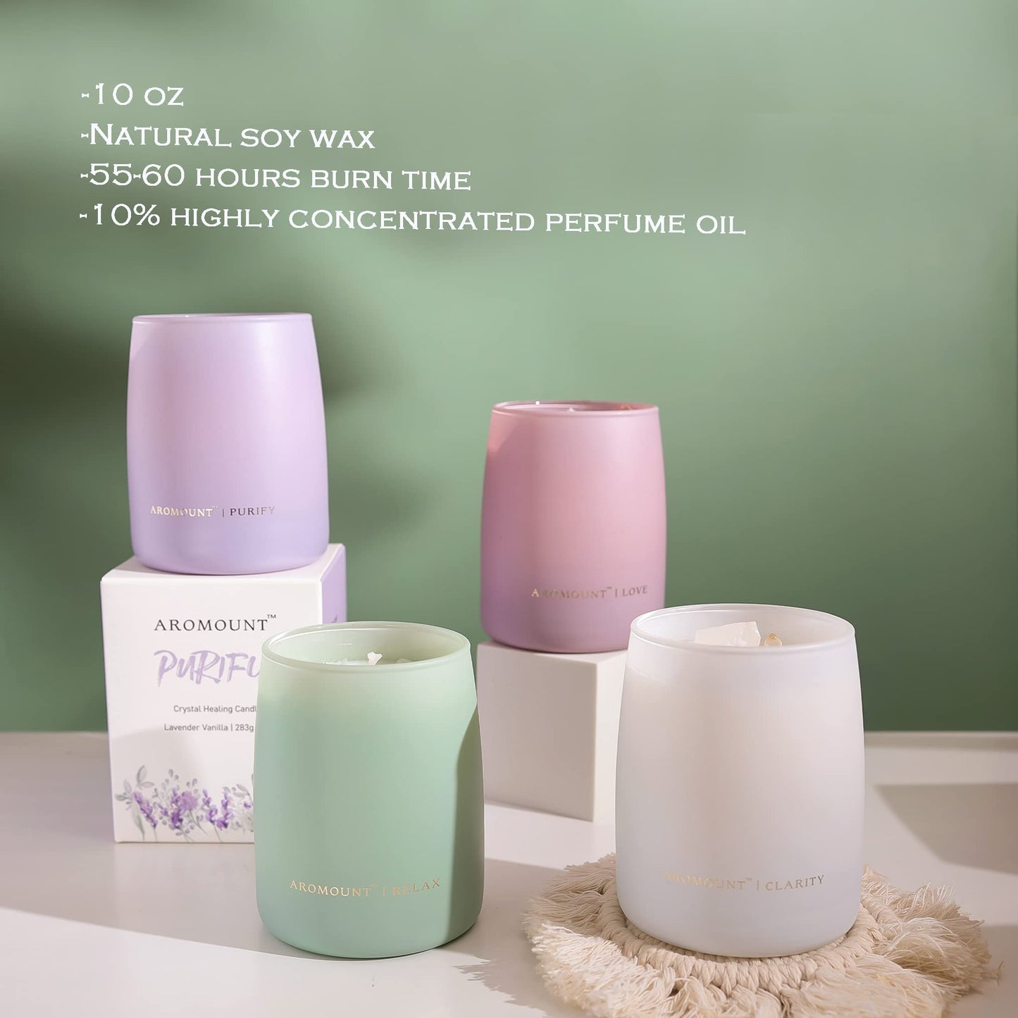 Lavender Vanilla Scented Crystal Candle, Luxury Gift for Women, 10oz Natural Soy Candle with Spiritual Aromatherapy