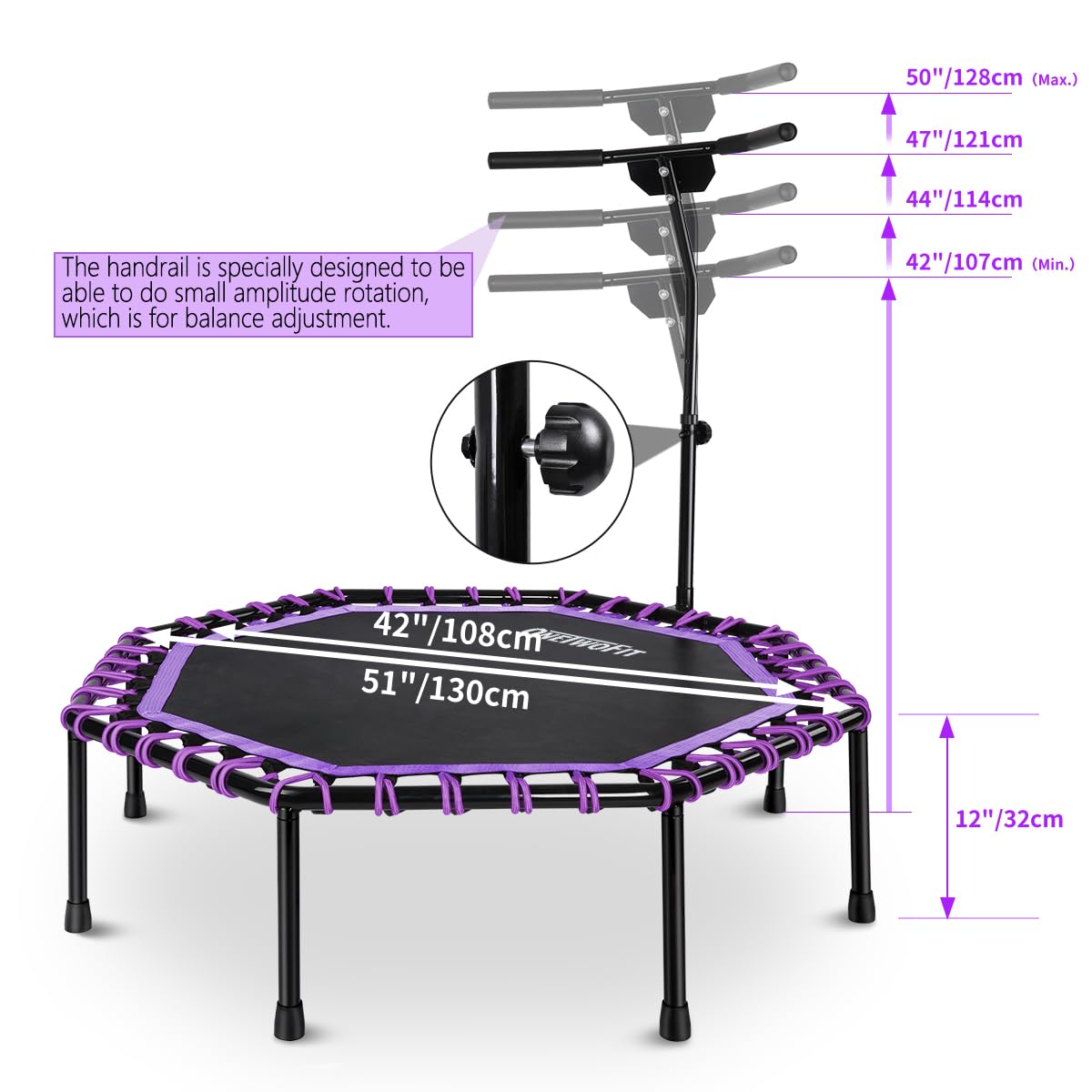ONETWOFIT 51" Silent Trampoline with Adjustable Handle Bar, Fitness Trampoline Bungee Rebounder Jumping Cardio Trainer Workout for Adults… (Violet)
