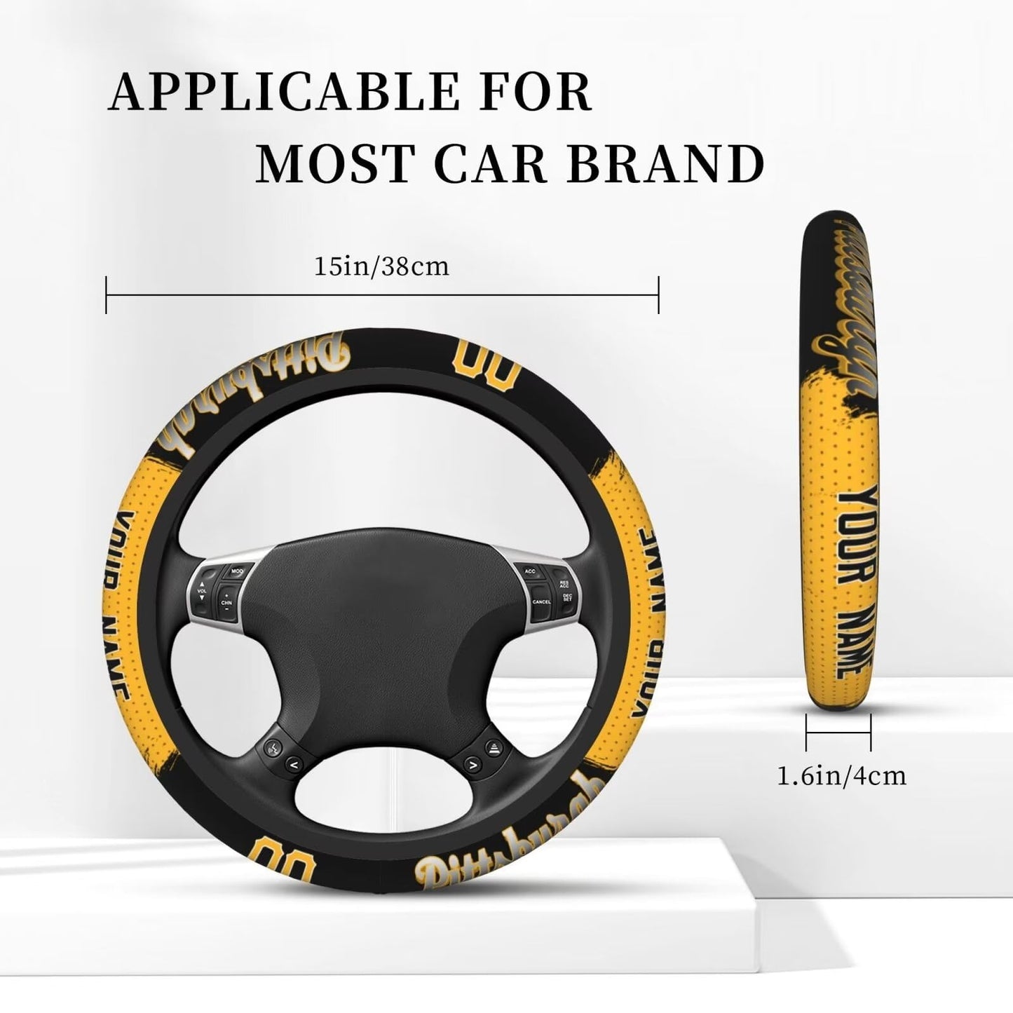 GENERIC Pittsburgh Custom Car Steering Wheel Covers,Personalized Name and Number,Anti Slip Elasticity Baseball Car Accessories,Universal 15 Inch Fit Suit for Most Car,SUV,ATV,Truck.