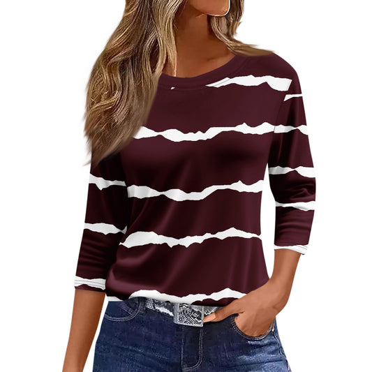 Tshirts Shirts for Women Crewneck 3/4 Sleeve Business Casual Tops for Women Striped Print Tees Summer Blouses Going Out Tops Wine M
