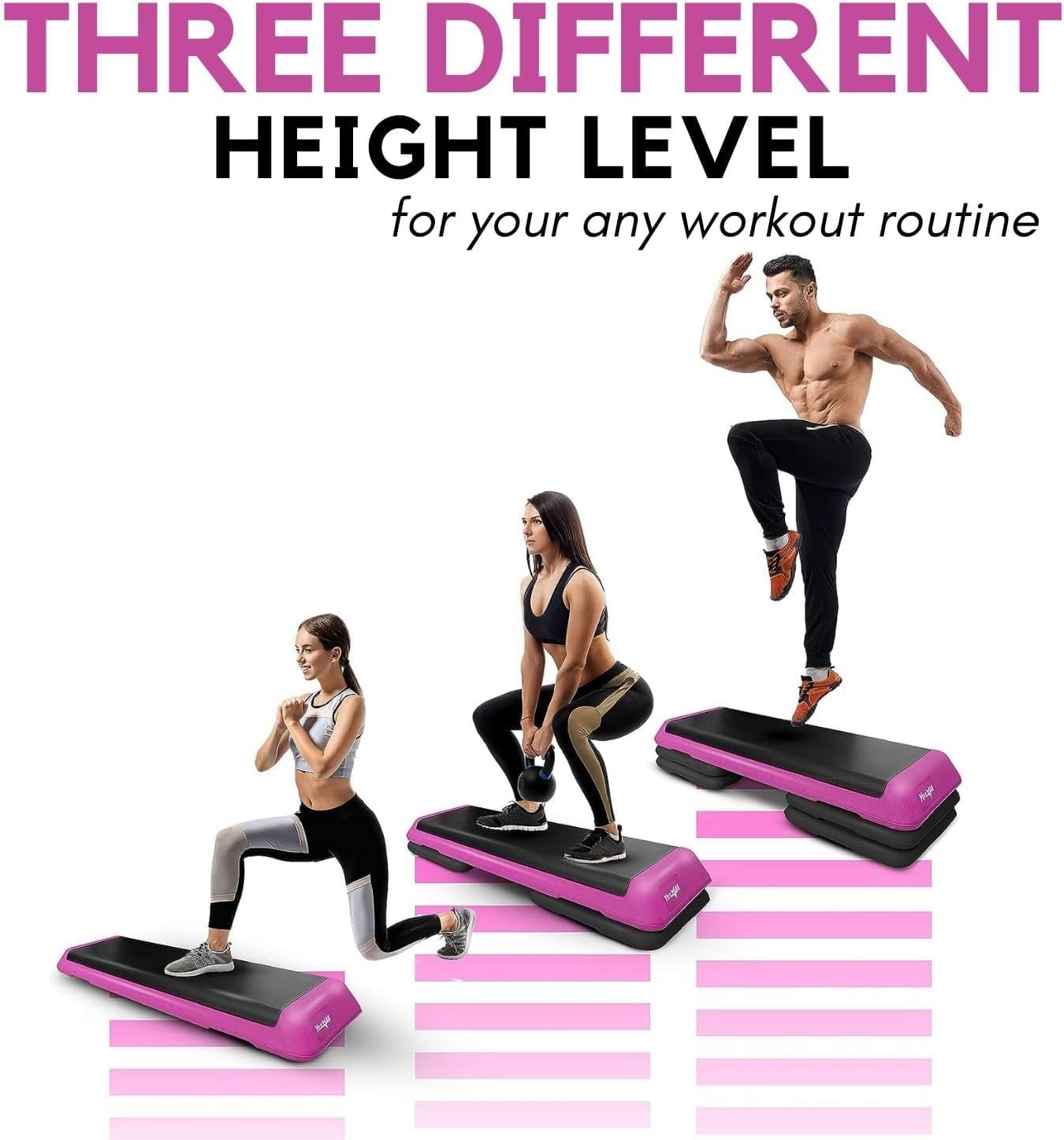 Yes4All Adjustable Workout Aerobic Exercise Step Platform Health Club Size with 4 Adjustable Risers Included and Extra Risers Options - Pink Black