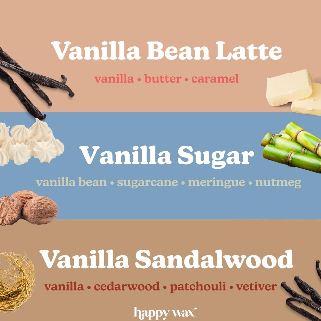 Happy Wax Vanilla Lovers Scented Natural Soy Wax Melts – 6 Oz Total - Includes: VanillaBeanLatte, VanillaSugar and VanillaSandalwood