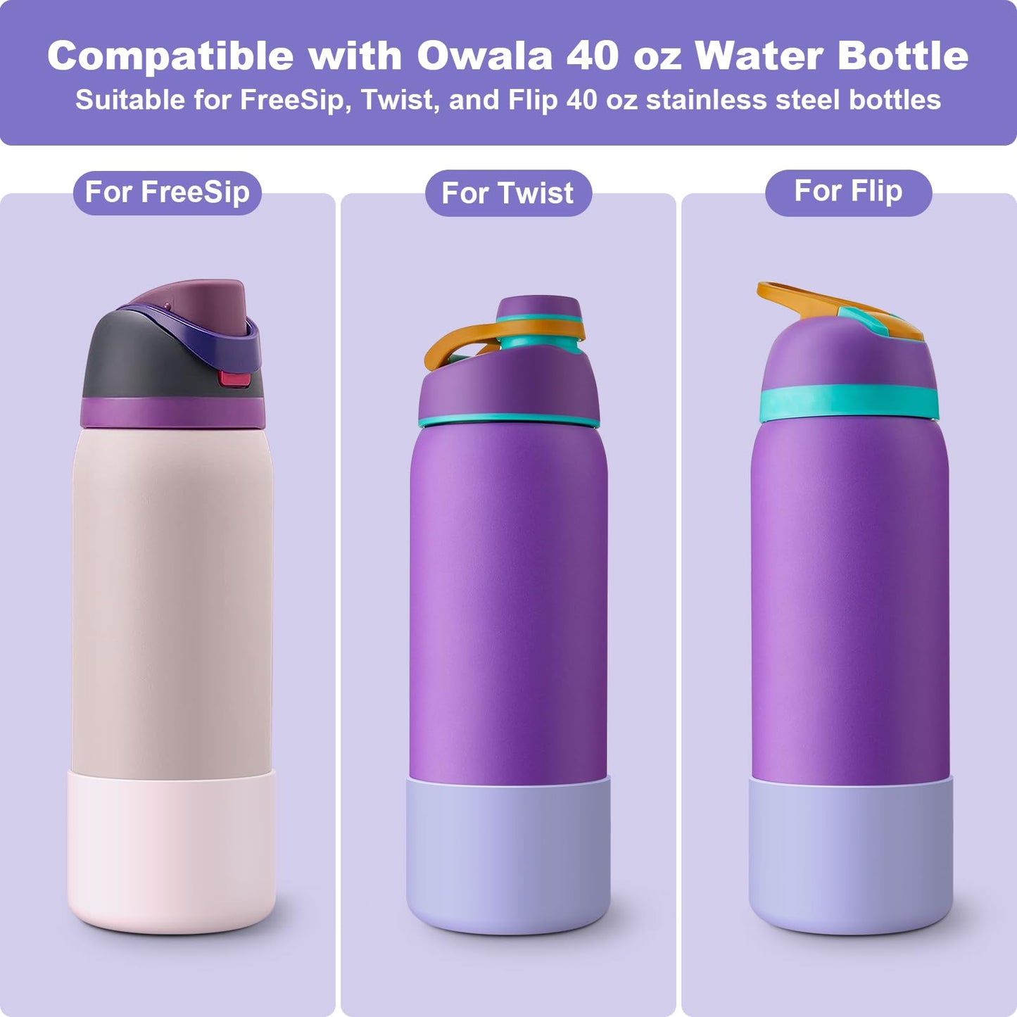 Alwenid 2PCS Silicone Water Bottle Boot for Owala 40 Oz, Anti-Slip Protective Sleeve Bottom Bumper Protector for FreeSip, Twist, and Flip Stainless Steel Water Bottles (Purple+Pink)