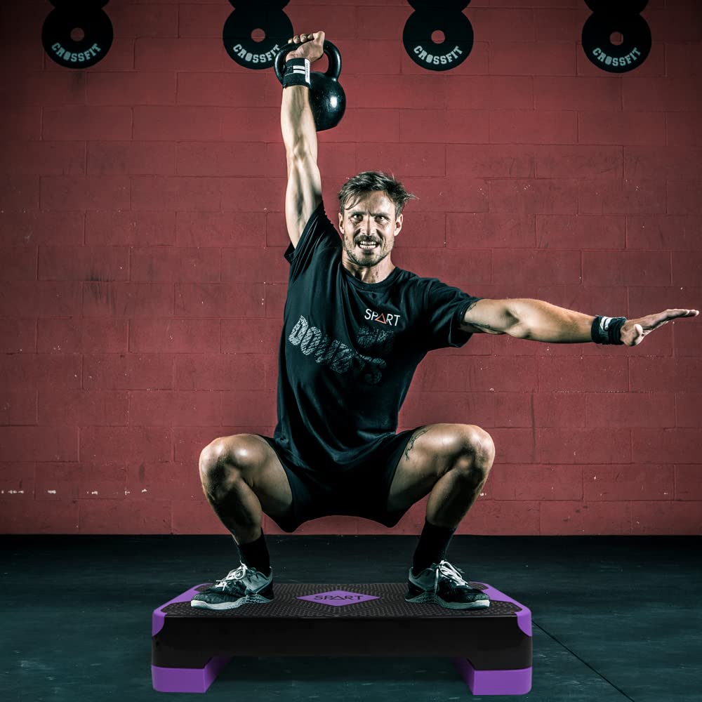 SPART Adjustable Workout Aerobic Stepper, Aerobic Exercise Step Platform with 4 Risers, 3 Levels Adjust 4" - 6" - 8", 26.77" Trainer Stepper with Non-Slip Surface for Home Gym, Black-Purple