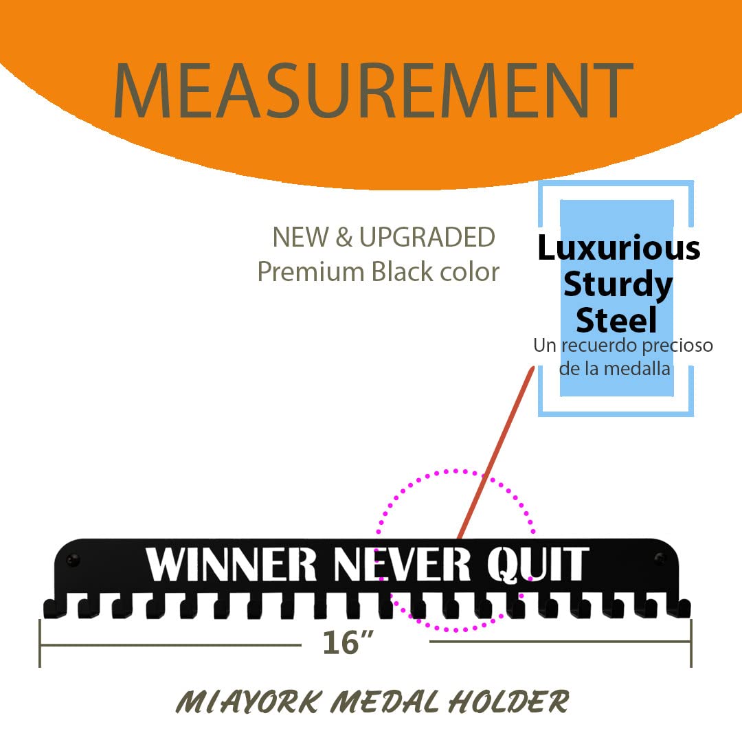 Miayork Medal Holder Display Hanger Race Rack Ribbon Wall Frame with 20 Hanging Hooks Easy Use Easy Install-Run Wrestling Kids Swim Cheer Medal Holder Display Rack in Black Effect-WINNER NEVER QUIT
