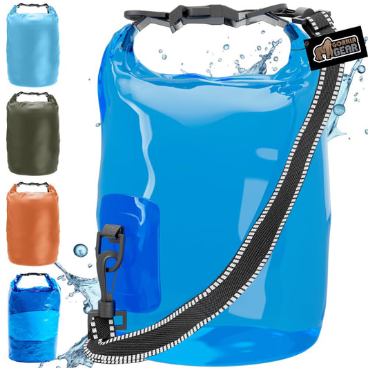 Gorilla Gear Heavy Duty 100% Waterproof IPX 6 Dry Bag, Tear and Puncture Resistant Bags, Kayaking Boating Hiking Camping Swimming Water Sports, Lightweight Outdoor Wet Storage Backpack, 5L Clear Blue