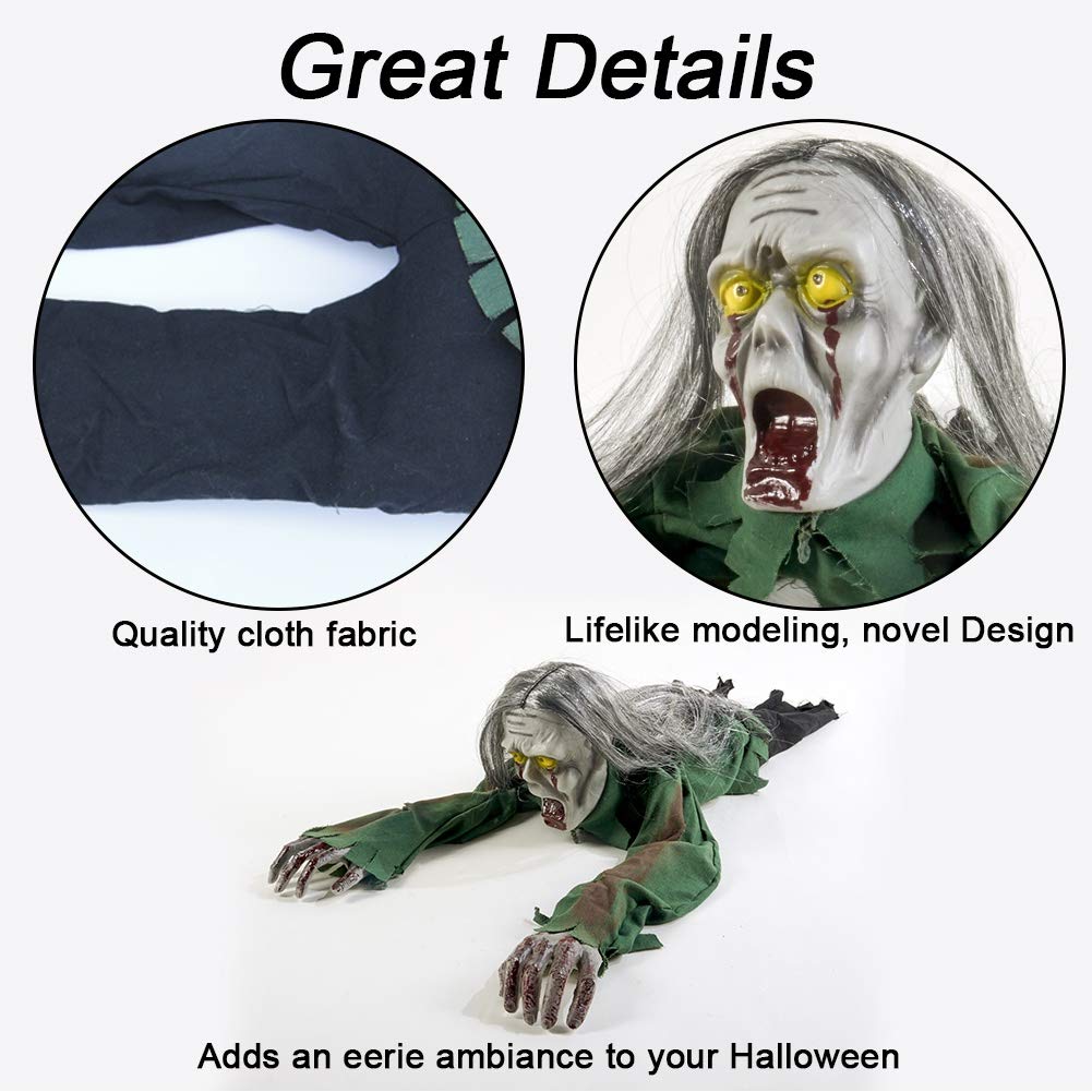 Joliyoou Halloween Decoration, 43.3-Inch Touch & Voice Activated Crawling Zombie, Scary Groundbreak Animated Halloween Zombie Prop for Halloween Outdoor Decor