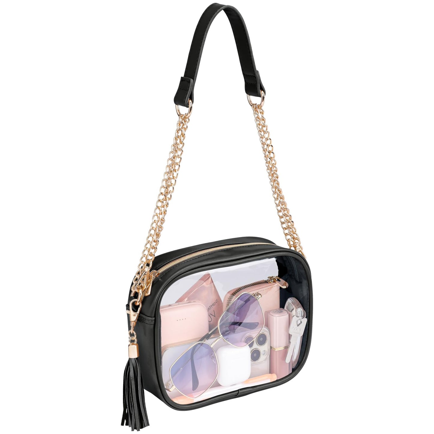 PACKISM Stylish Clear Crossbody Bag - Clear Purse Stadium Approved for Women, Fashionable PU Leather Design with Adjustable Chain Straps, Perfect for Sports & Concerts, Black