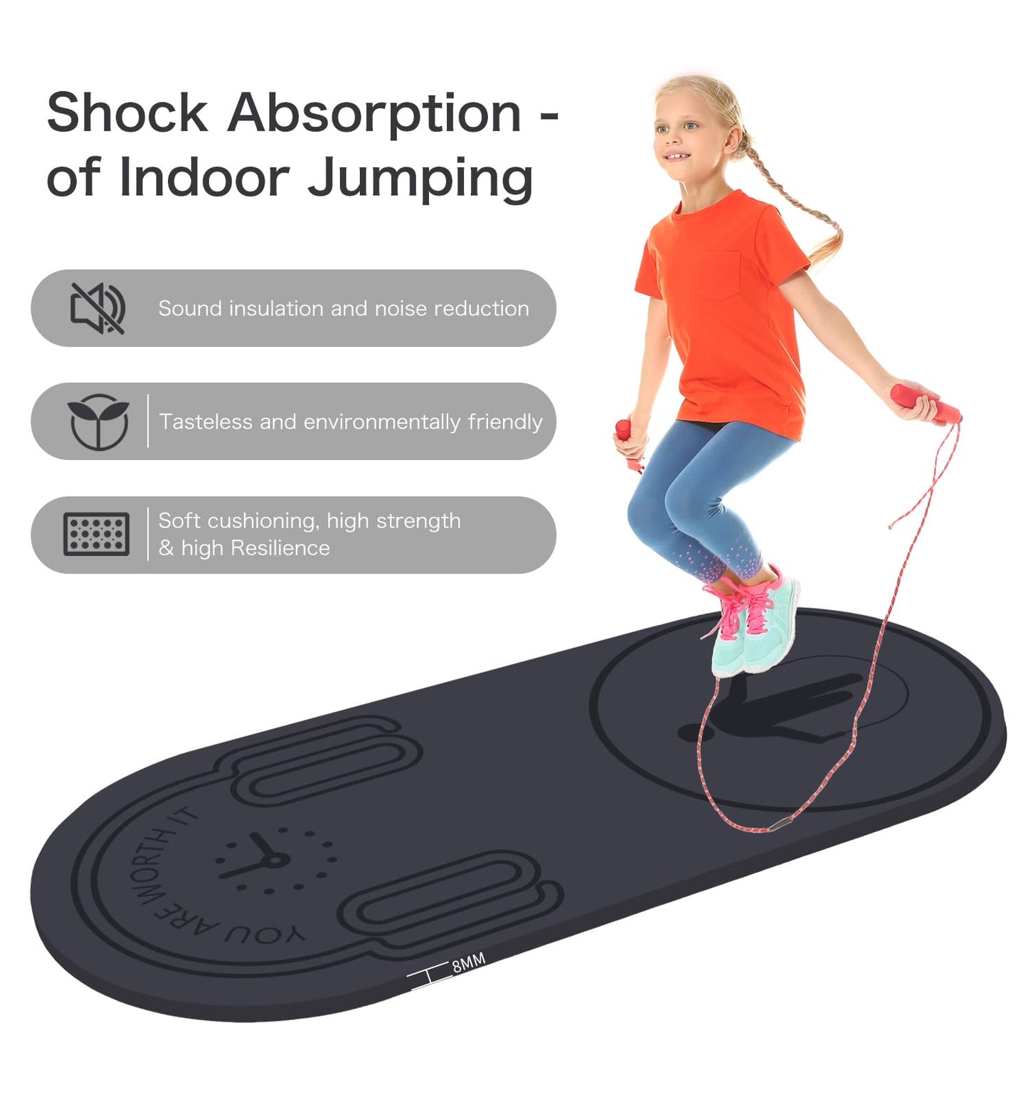 LERYG 8/20/30mm Jump Rope Mat Fitness Exercise Mat Durable, Non-Slip, Workout Mats with Jump Rope & Carrying Bag for Home Gym Flooring in Grey(55"x 24")