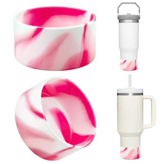 Upgrade 2PCS Protective Silicone Boot Bumper for Stanley Quencher Adventure 40oz 30oz IceFlow 20oz 30oz Tumbler, Water Bottle Bottom Sleeve Cover Accessories for Stanley Mug Cup(Rose Red+White)