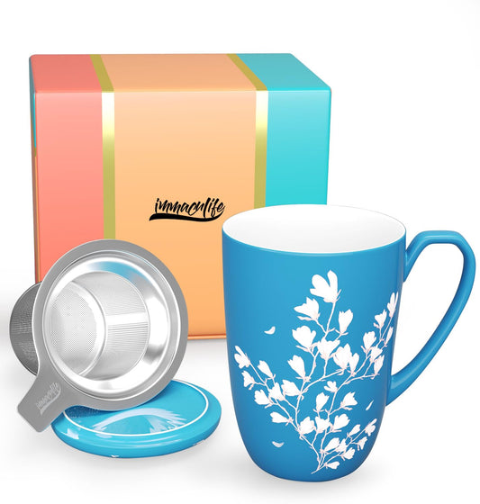 immaculife Tea Cup with Infuser and Lid - Tea Mug with Lid for Steeping Loose Leaf Coffee Milk Women Office Home Gift 16oz Navy Flower