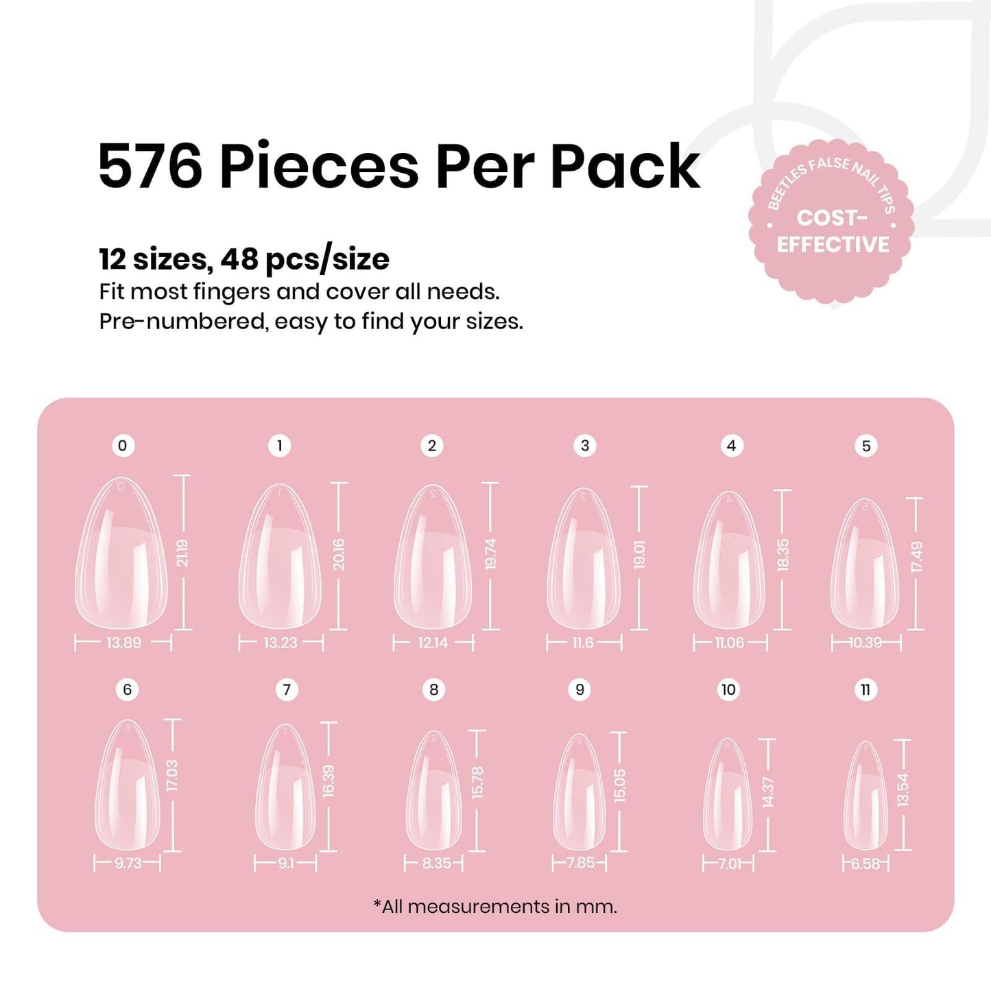 Beetles Gel Nail Tips 576Pcs Pre-shape Short Almond Etch-X Nail Tips,12 Sizes Soft Nail Tips Half Matte False Nails for Spring Nails Full Cover Press On Nail Nail Extensions Set for Women