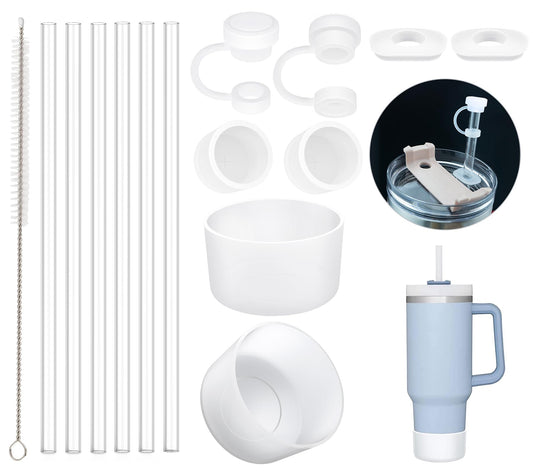 Replacement Straws Silicone Spill Proof Stopper Set and Protective Boot for Stanley H1.0 40oz 30oz Tumbler, Airboat Reusable Clear Straws Leak Proof Straws Topper and Bottom Sleeve for Stanley Mug Cup