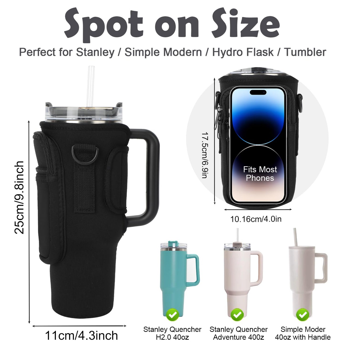 Water Bottle Carrier Bag with Strap Pouch for Stanley 40 oz Tumbler Cup Accessories, Neoprene Water Bottle Holder Phone Pocket Personalized Initial A-Z Flower Design Mother's Day Gift (B, Black)