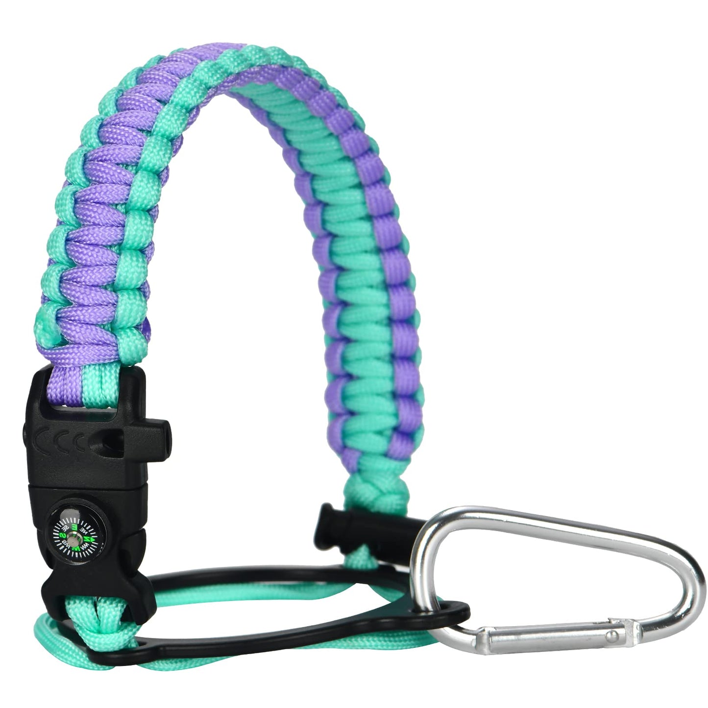 Paracord Handle - Fits Wide Mouth Bottles 12oz to 64oz - Durable Carrier, Paracord Carrier Strap Cord with Safety Ring,Compass and Carabiner - Ideal Water Bottle Handle Strap (Light Mint/Purple)