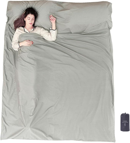 100% Cotton Sleeping Bag Liner with Full Length Zipper on 3 Sides; Single/Double Adult Sleep Sack for Travel & Camping, Multifunctional Travel Sheets (Unzipped 87”x87”) for Hotel, Lightweight