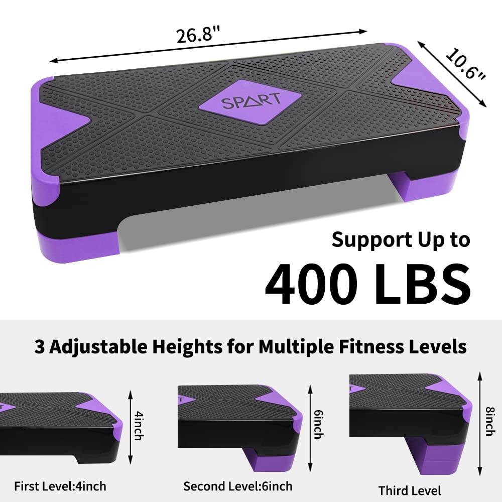 SPART Adjustable Workout Aerobic Stepper, Aerobic Exercise Step Platform with 4 Risers, 3 Levels Adjust 4" - 6" - 8", 26.77" Trainer Stepper with Non-Slip Surface for Home Gym, Black-Purple