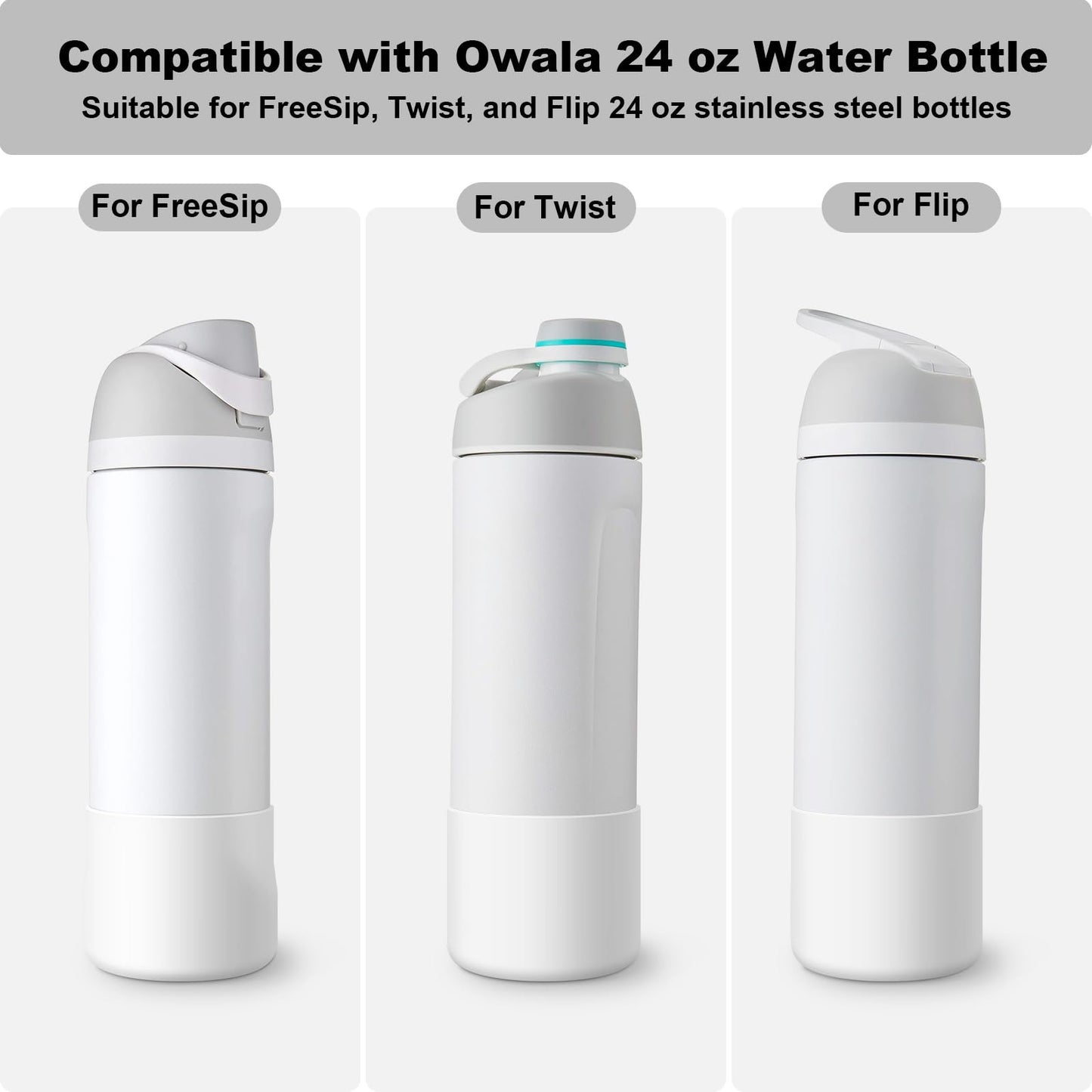 Alwenid 2PCS Silicone Water Bottle Boot for Owala 24 Oz, Anti-Slip Protective Sleeve Bottom Bumper Protector for FreeSip, Twist, and Flip Stainless Steel Water Bottles (White)