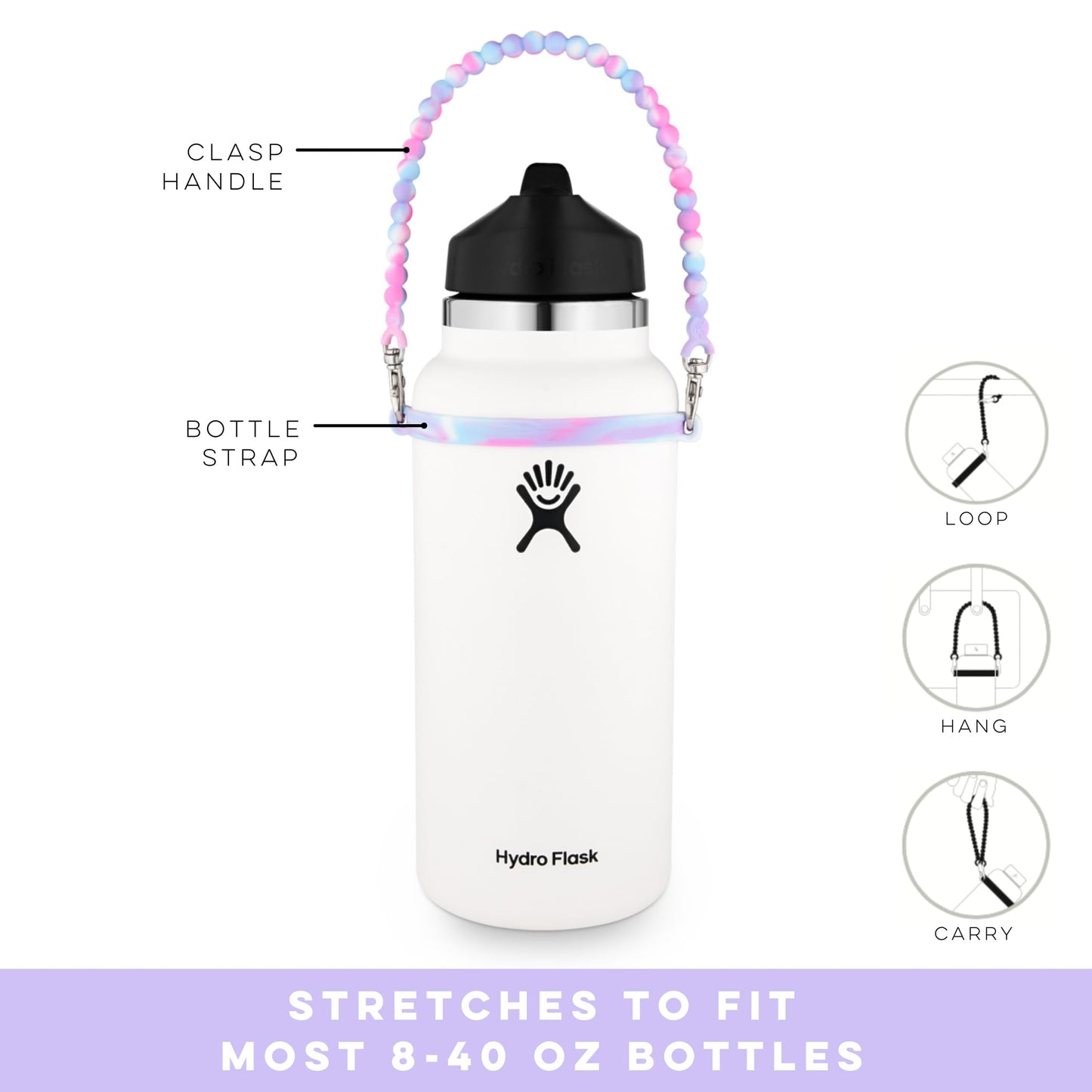 Ryan & Rose Water Bottle Handle - Water Bottle Sling, Carrier, Holder with strap - Soft Durable Silicone - Fits Most 8-40oz Bottles - Compatible Stanley Cup Accessories (Spree)