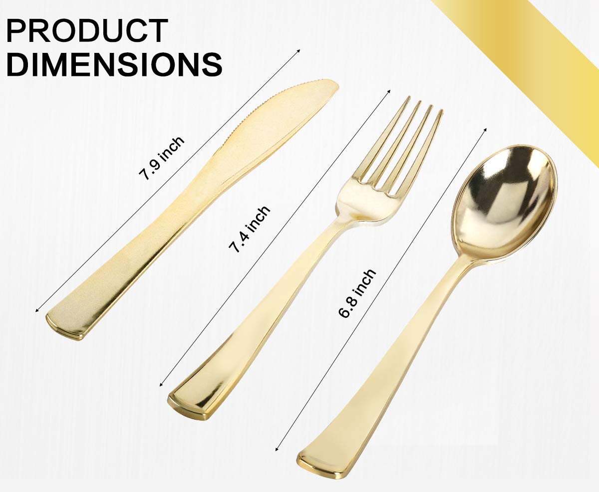 M MCIRCO 175 Piece Gold Dinnerware Set - 50 Plates - 25 Silverware - 25 Cups - 25 Paper Napkins, 25 Guest Disposable Gold Dinnerware Set