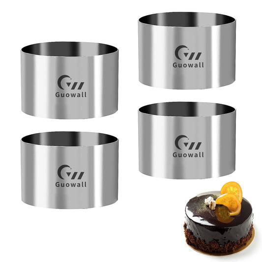 Guowall Seamless Cake Ring Mold 4 Pack Stainless Steel Mousse Mould Round Food Mold Pastry Cookie Cutter for Baking - 3.15 x 2 inch