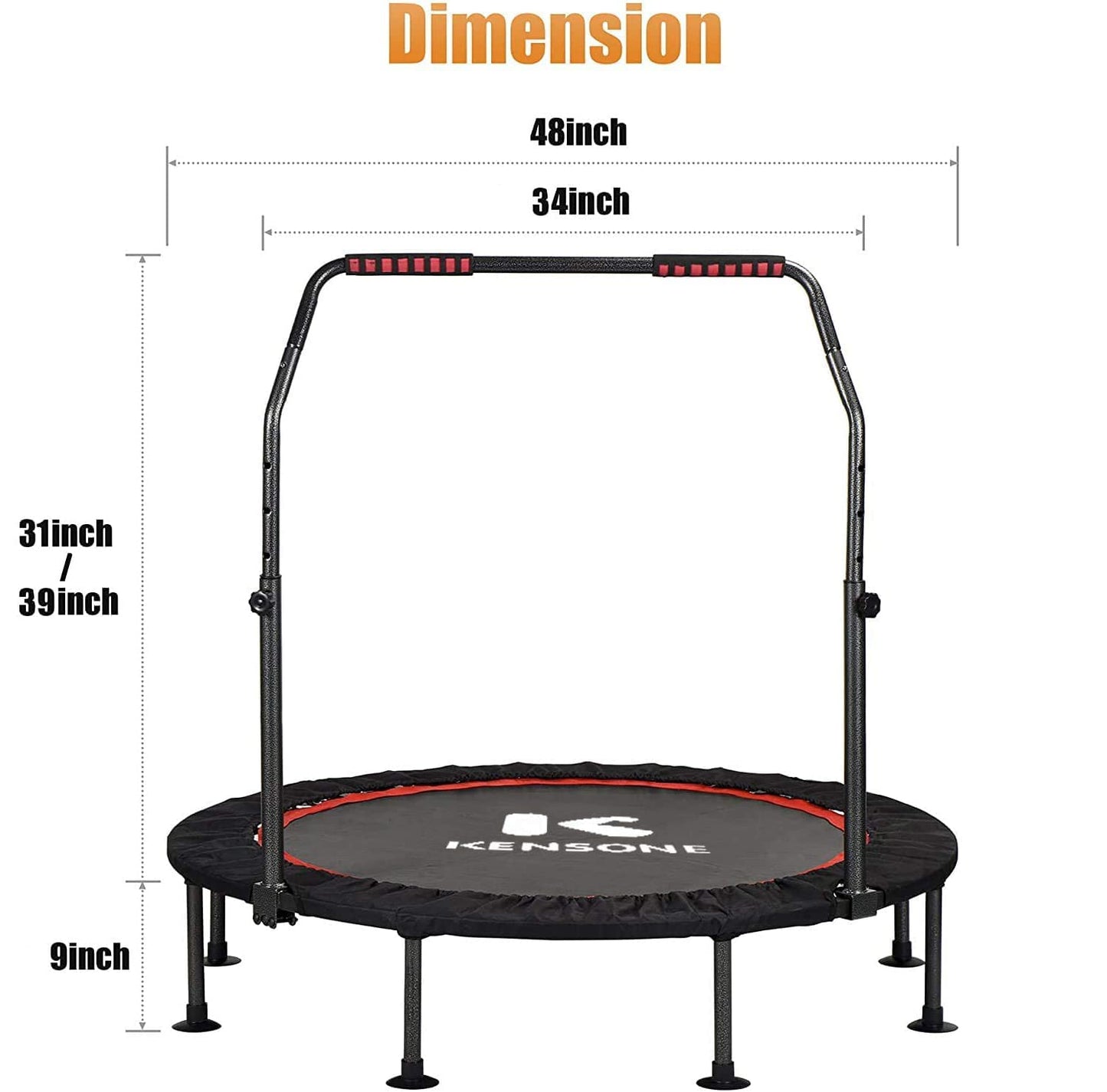 KENSONE 48" Foldable Mini Trampoline, Indoor Trampoline for Kids, Adults Indoor/Garden Workout, Fitness Rebounder with Adjustable Foam Handle, Max Load 450 lbs