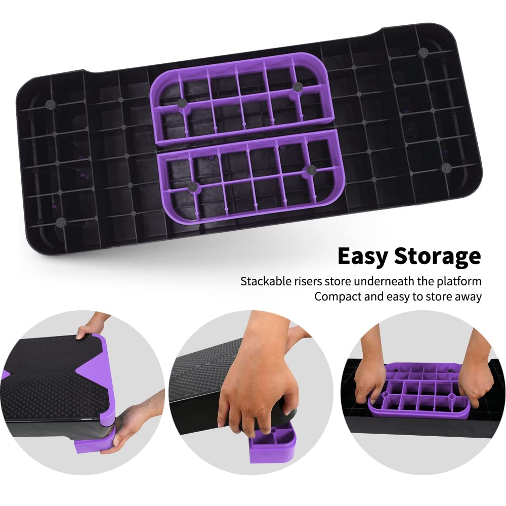SPART Adjustable Workout Aerobic Stepper, Aerobic Exercise Step Platform with 4 Risers, 3 Levels Adjust 4" - 6" - 8", 26.77" Trainer Stepper with Non-Slip Surface for Home Gym, Black-Purple
