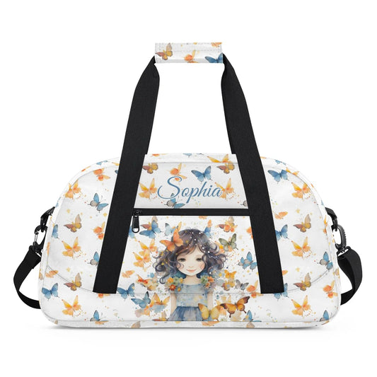 Personalized Gym Bag for Kids Girls, Butterfly Girl Custom Small Duffel Bag with Padded Handles Carry On Weekend Travel Bag for School Practice Ball Games