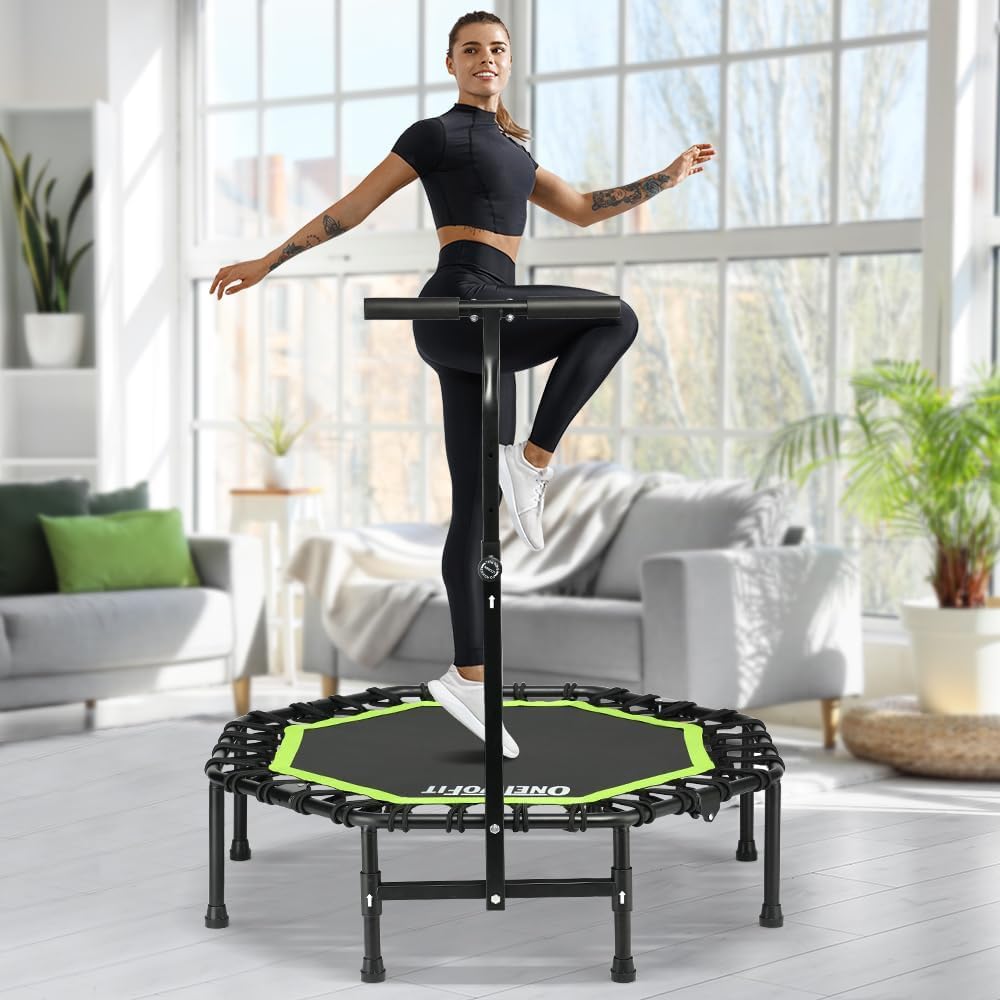 ONETWOFIT Foldable Rebounder Trampoline for Adults, 42” Mini Fitness Trampoline W/Adjustable Foam Handle Bungees, Quiet Exercise Trampoline for Personal Indoor Garden Workout, Max Load 330lbs