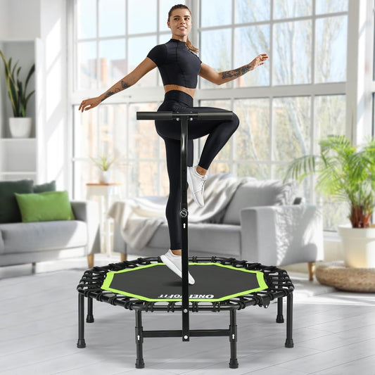 ONETWOFIT Foldable Rebounder Trampoline for Adults, 42” Mini Fitness Trampoline W/Adjustable Foam Handle Bungees, Quiet Exercise Trampoline for Personal Indoor Garden Workout, Max Load 330lbs