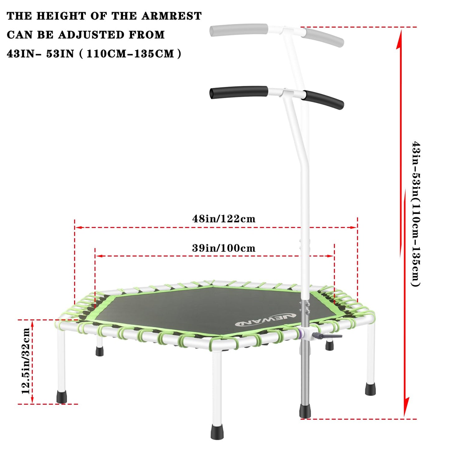 Newan 48'' Fitness Trampoline with Adjustable Handle Bar, Silent Trampoline Bungee Rebounder Jumping Cardio Trainer Workout for Adults - Max Limit 330 lbs