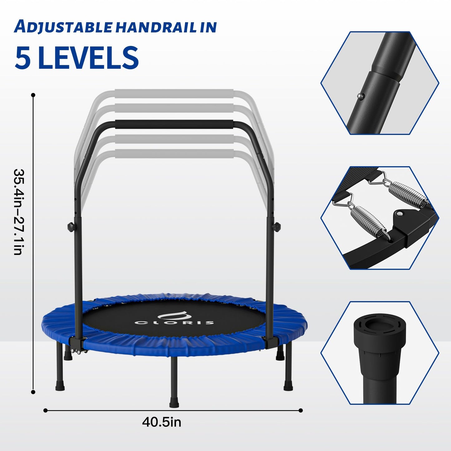 CLORIS 38in/40in/48in Folding Trampoline Mini Rebounder Fitness Trampoline with Adjustable Foam Handle for Kids/Adult, with safty Padded Cover Best Gift for Kids/Adult (Yellow)… (40in-Blue)