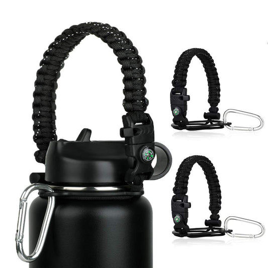 WEREWOLVES Paracord Handle - Fits Wide Mouth Bottles 12oz to 64oz - Durable Carrier, Paracord Carrier Strap Cord with Safety Ring,Compass and Carabiner - Ideal Water Bottle Handle Strap (3 Black)