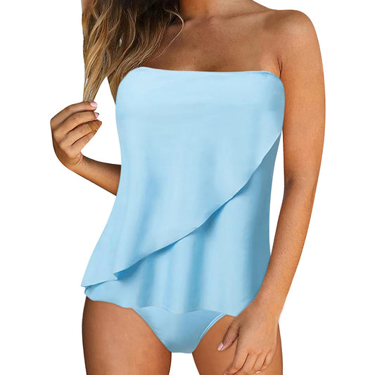 JEUROT 2 Piece Bandeau Swimsuits for Women Strapless Bathing Suits Tummy Control Flowy Swimwear with High Waisted Bottom Swim Suits 2024 Beach Vacation Outfits (Light Blue, XXL)