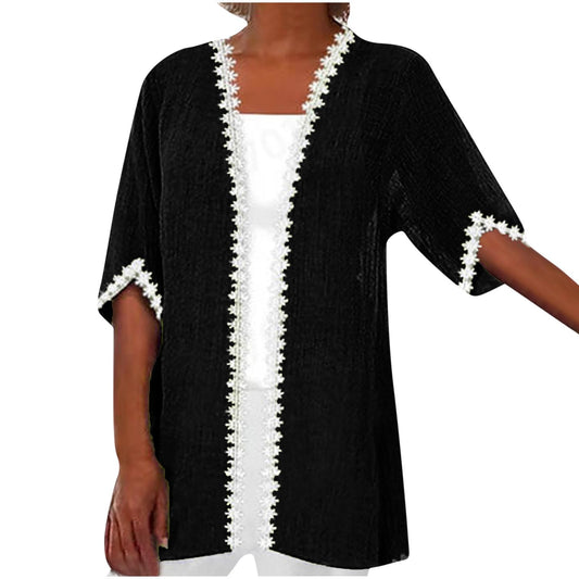 Aboser Chiffon Cover Up Lightweight Cardigans for Women Summer Linen Cardigan Casual Open Front Beach Cover Ups Half Sleeve Kimono Cardigan Today's Deals Clearance Black