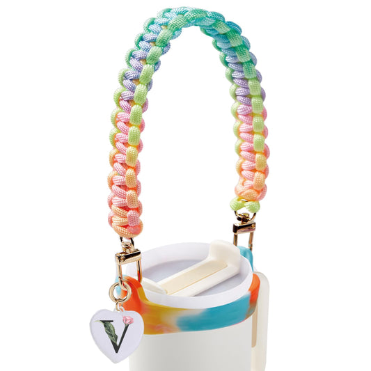 Water Bottle Handle - Personalized Name Initial A-Z Water Bottle Sling, Holder, Lanyard, Carrier,Holder with Strap - Fits Most 8-40oz Water Bottles - Compatible Stanley Cup Accessories (V, Rainbow)