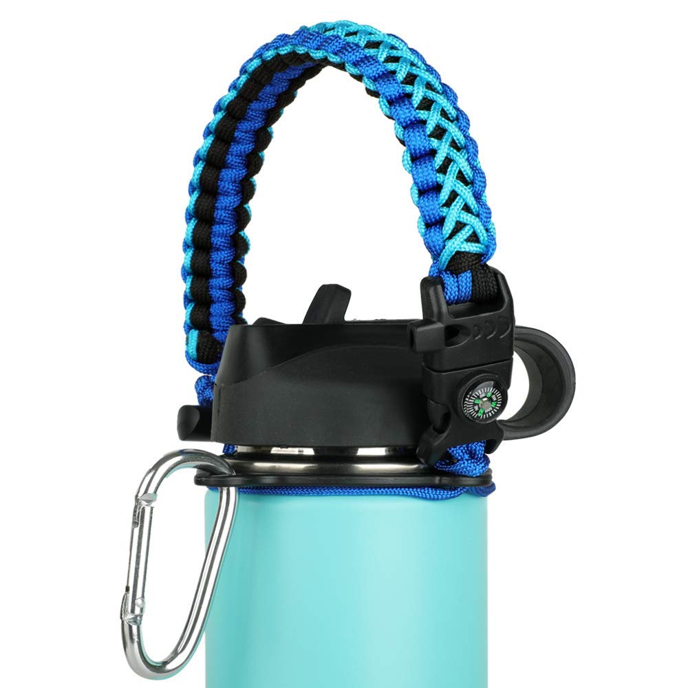 WEREWOLVES Paracord Handle - Fits Wide Mouth Bottles 12oz to 64oz - Durable Carrier, Paracord Carrier Strap Cord with Safety Ring,Compass and Carabiner - Ideal Water Bottle Handle Strap (Blue Blue)