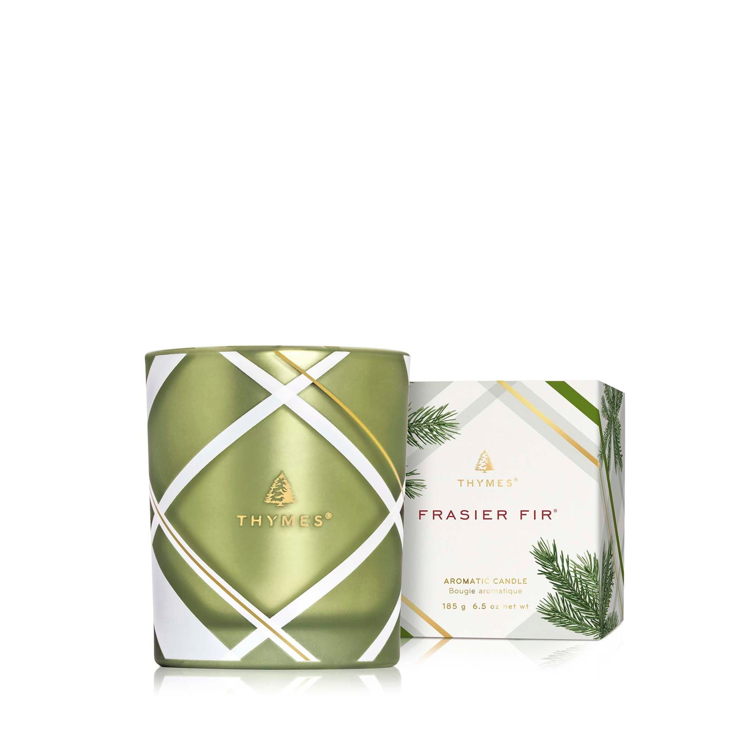 Thymes Frasier Fir Candle – Frosted Plaid Jar Candles – Green & White Candle Jar Design – Scented Candles with Notes of Siberian Fir, Cedarwood & Sandalwood – Holiday Candles (6.5 oz)