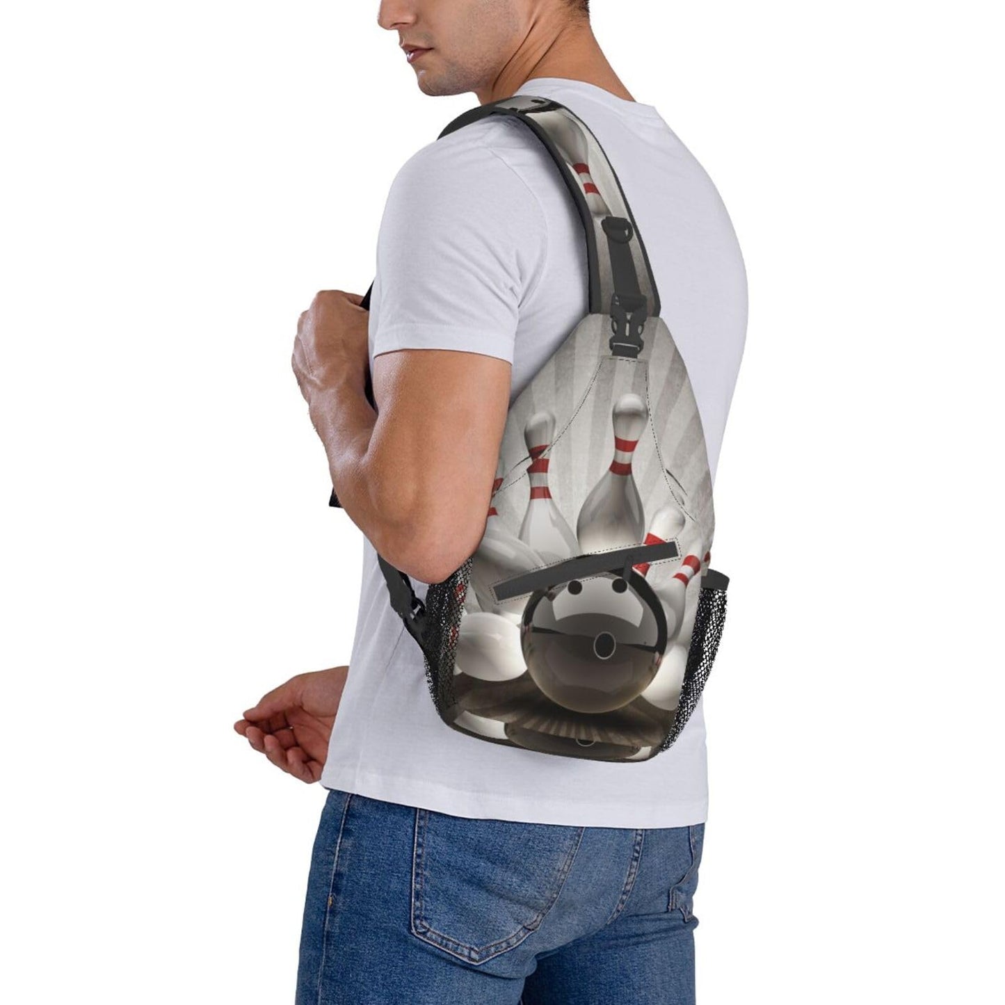 NISENASU Ball Print Sling Bag Crossbody Backpack,Sports Theme Bowling Ball Knocked Down Bowling Pins Ball Team Popular Art Chest Bag Adjustable Casual Shoulder Bag Travel Hiking Daypack