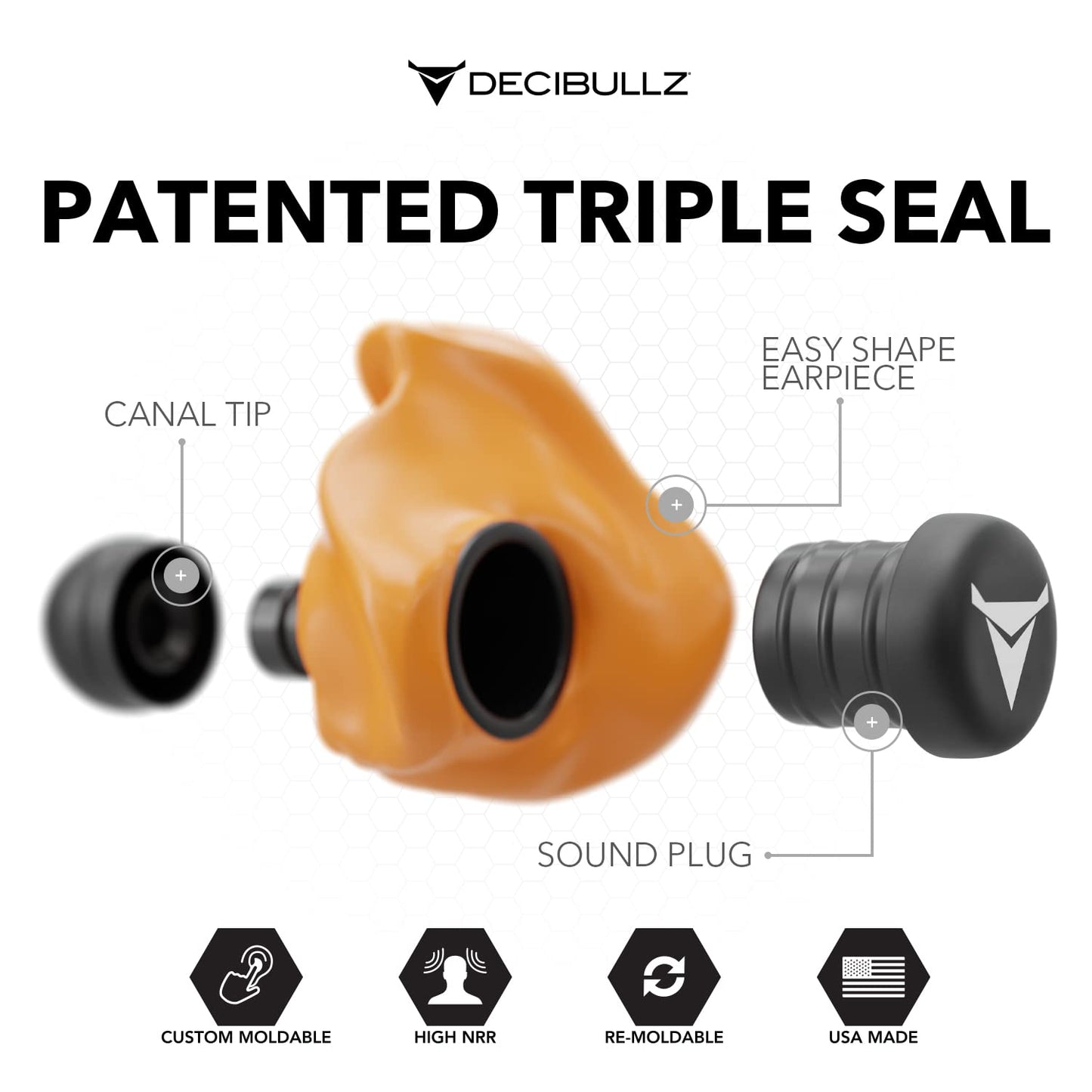Decibullz - Custom Molded Earplugs, 31dB Highest NRR, Comfortable Hearing Protection for Shooting, Travel, Swimming, Work and Concerts (Orange)