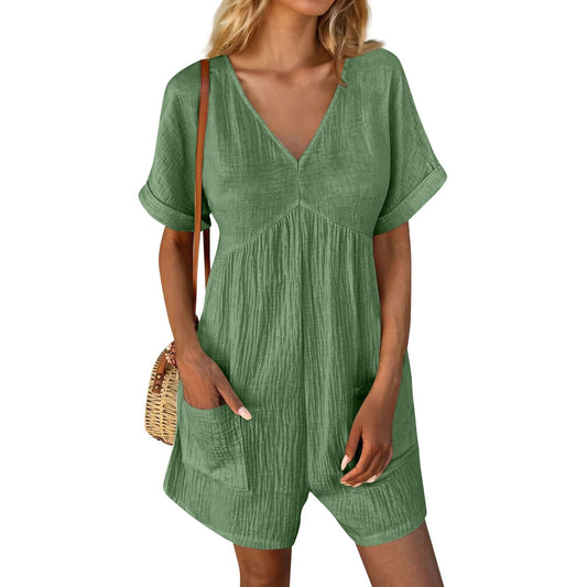 Womens Rompers for Summer V Neck Short Sleeve One Piece Jumpsuits for Women Dressy Casual Loose Fit Short Overalls with Pockets Lounge Baggy Wide Leg Tshirt Romper Summer Dresses 2024(Army Green,XL)