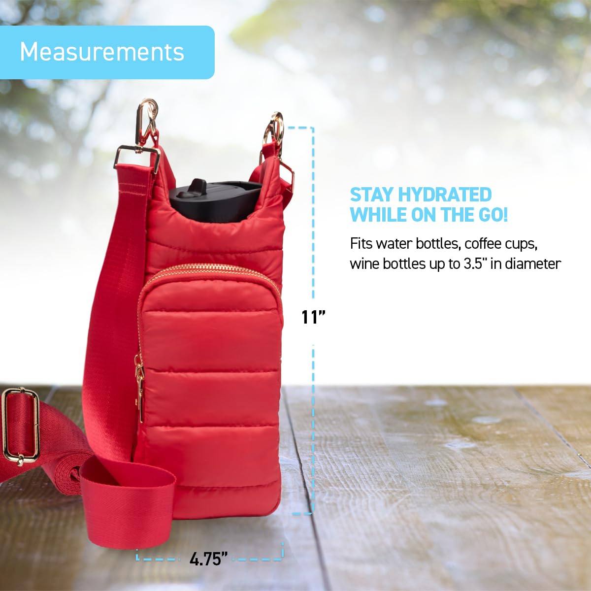 WanderFull Original Crossbody HydroBag | Quilted Water Bottle Carrier & Adjustable Strap | Puffer Tote with Two Pockets for Phone, Accessories & Travel Essentials (Poppy Red)