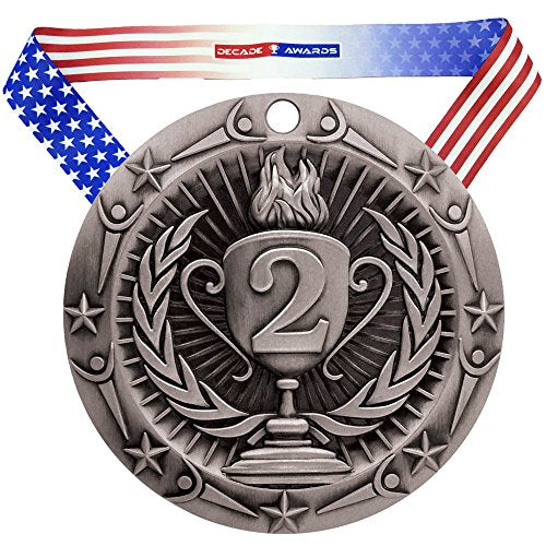 Decade Awards' 2nd Place Silver Medal - Large Metal Award Medals with Stars & Stripes American Flag V Neck Ribbon - Perfect for School Competitions, Coaches, Students, Athletes & Scholars