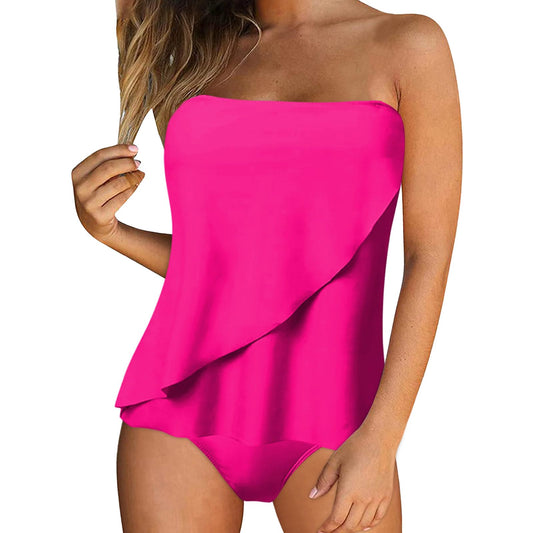 JEUROT 2 Piece Bandeau Swimsuits for Women Strapless Bathing Suits Tummy Control Flowy Swimwear with High Waisted Bottom Swim Suits 2024 Beach Vacation Outfits (Hot Pink, XXL)