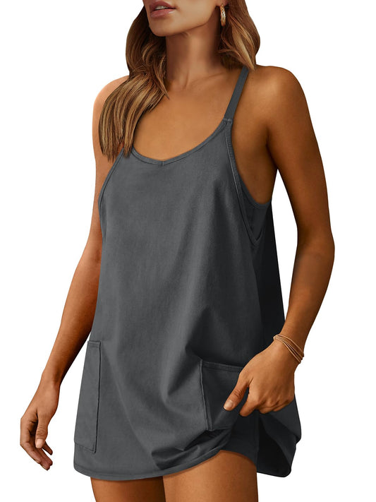 ANRABESS Women Summer Mini Romper Dress Workout Tennis Active Sports Athleisure Outfits Built in Shorts Trendy Vacation Gray X-Smal